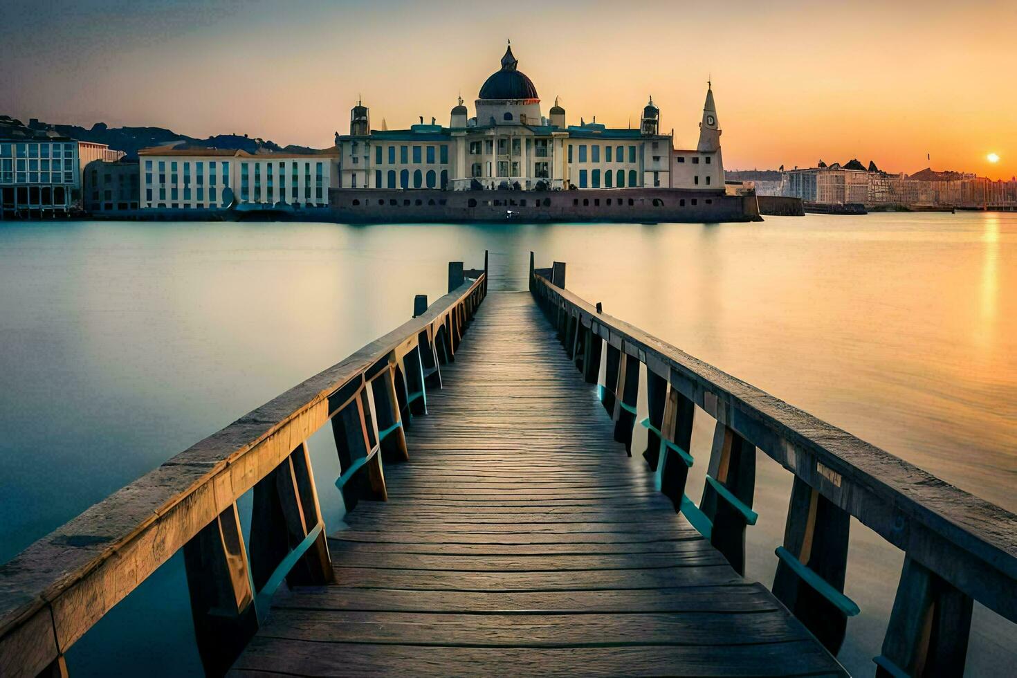 un' di legno molo conduce per un' edificio nel il sfondo. ai-generato foto