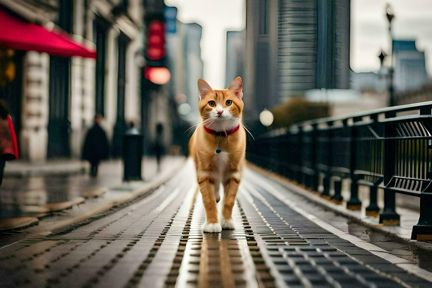 un' gatto a piedi su un' città strada. ai-generato foto