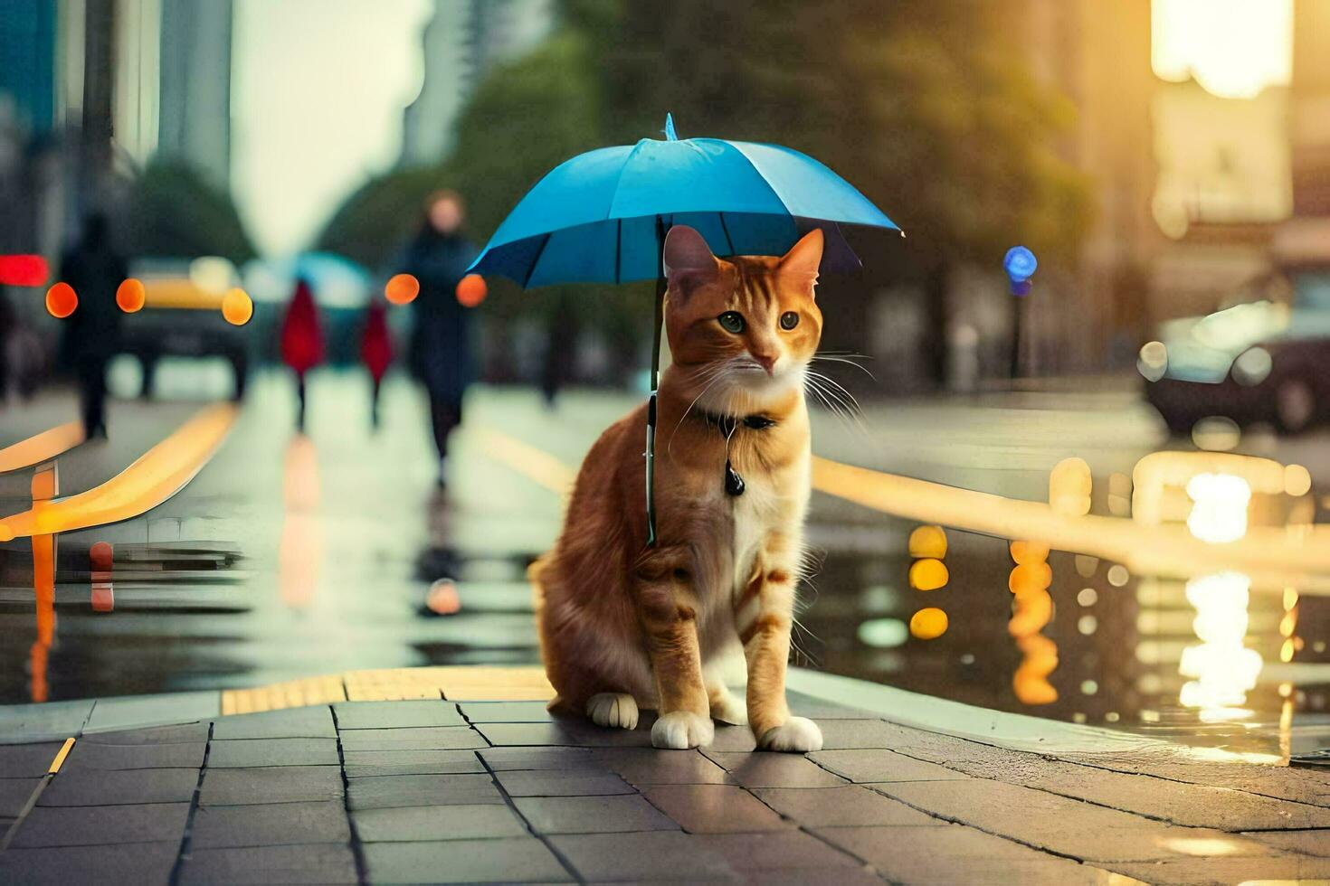 un' gatto con un ombrello su suo testa. ai-generato foto
