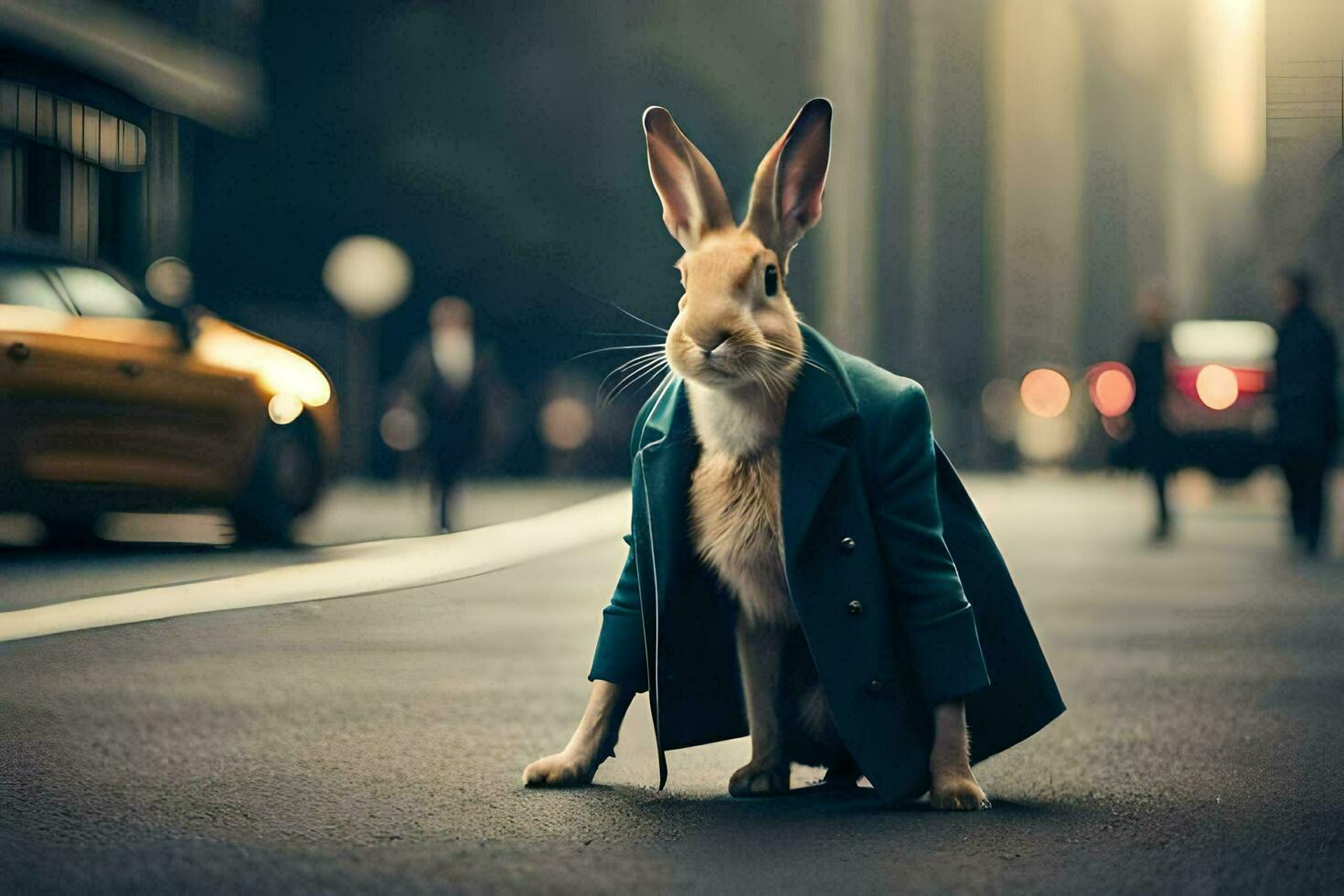 un' coniglio nel un' completo da uomo è seduta su il strada. ai-generato foto