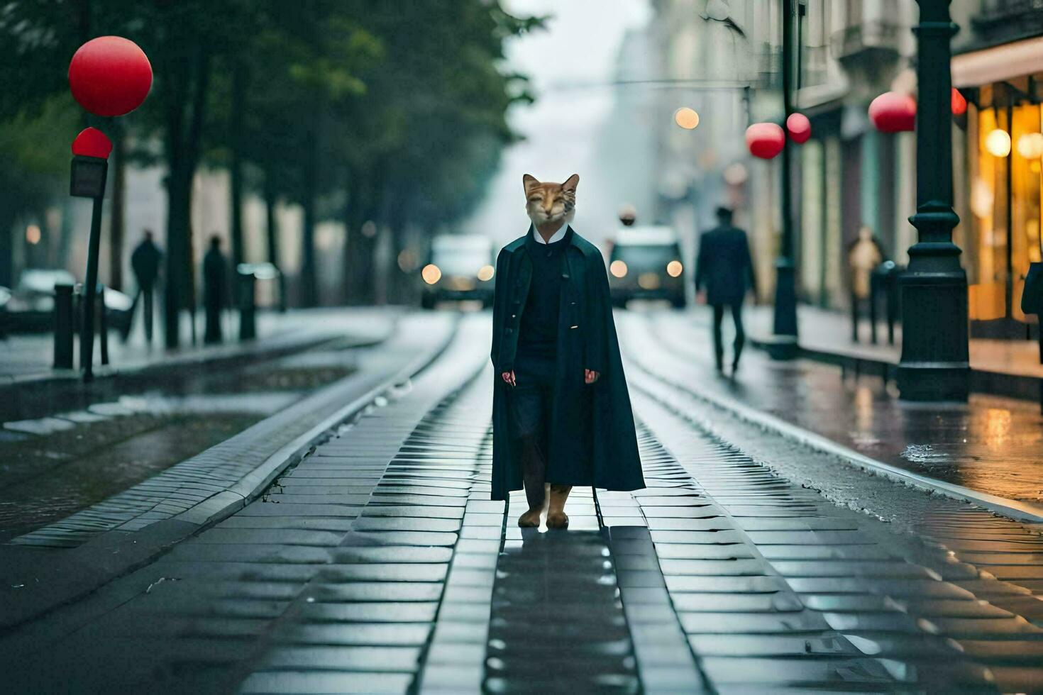 un' Volpe nel un' cappotto a piedi giù un' strada. ai-generato foto