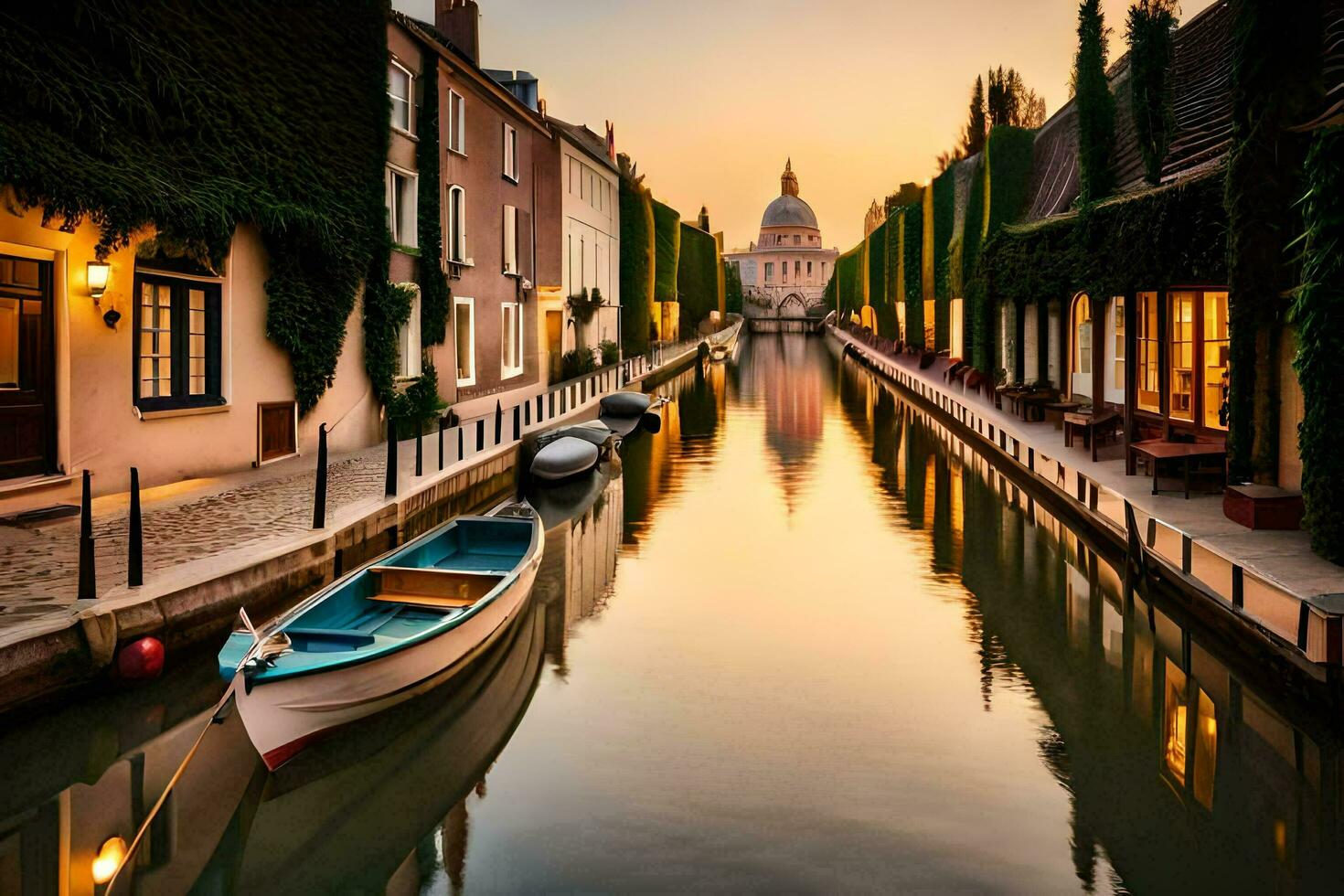 un' barca è seduta nel un' canale a tramonto. ai-generato foto