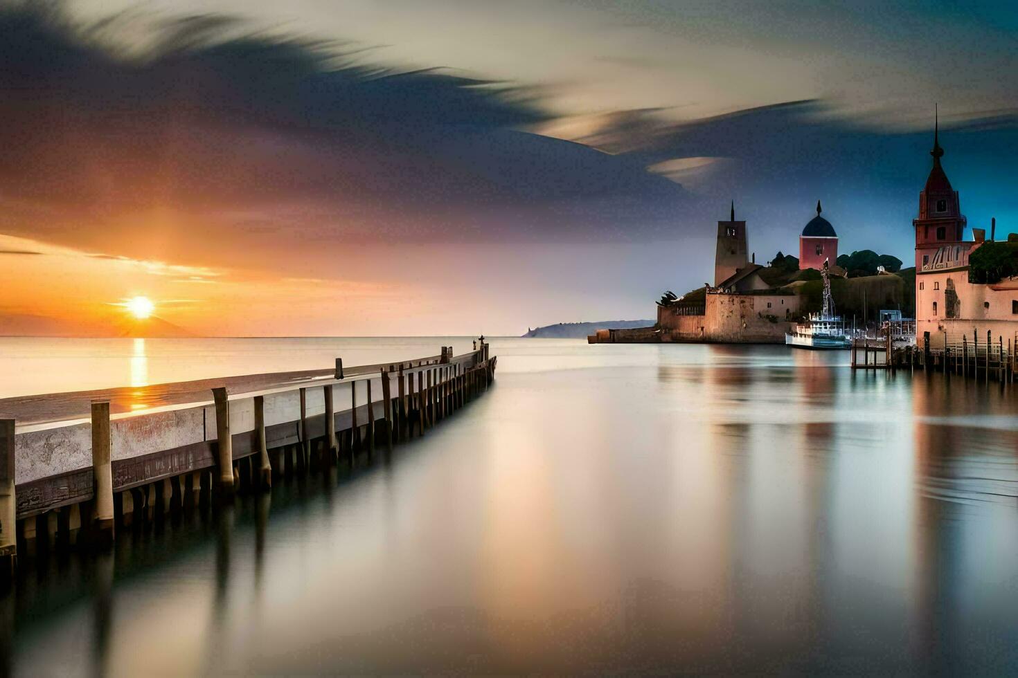 un' lungo esposizione fotografia di un' molo e un' Chiesa a tramonto. ai-generato foto