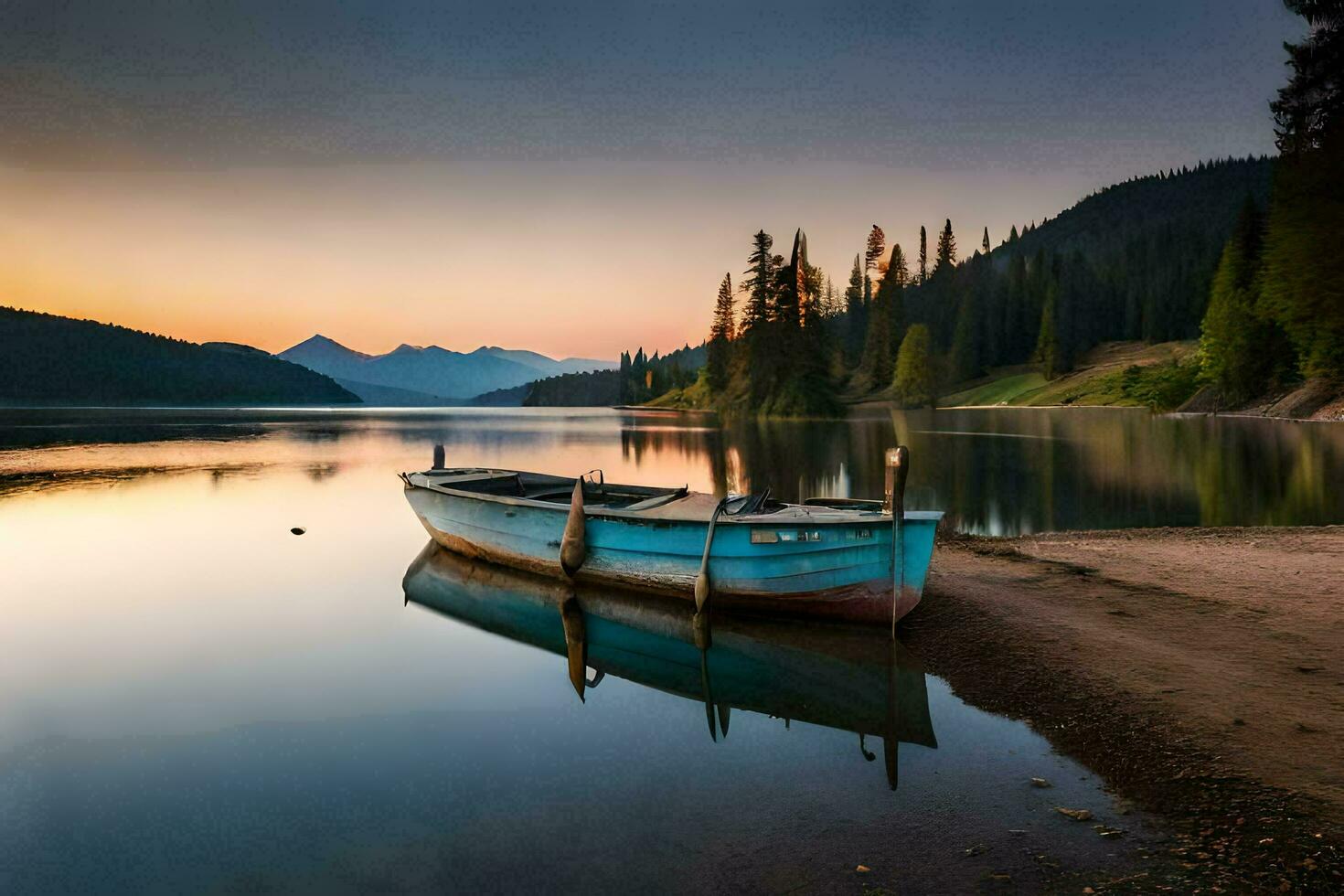 un' barca si siede su il riva di un' lago a tramonto. ai-generato foto