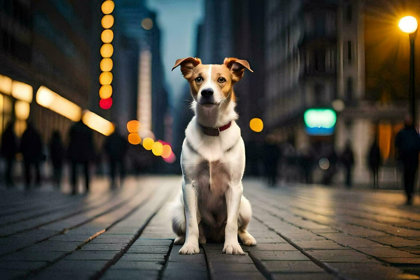 un' cane seduta su il strada a notte. ai-generato foto