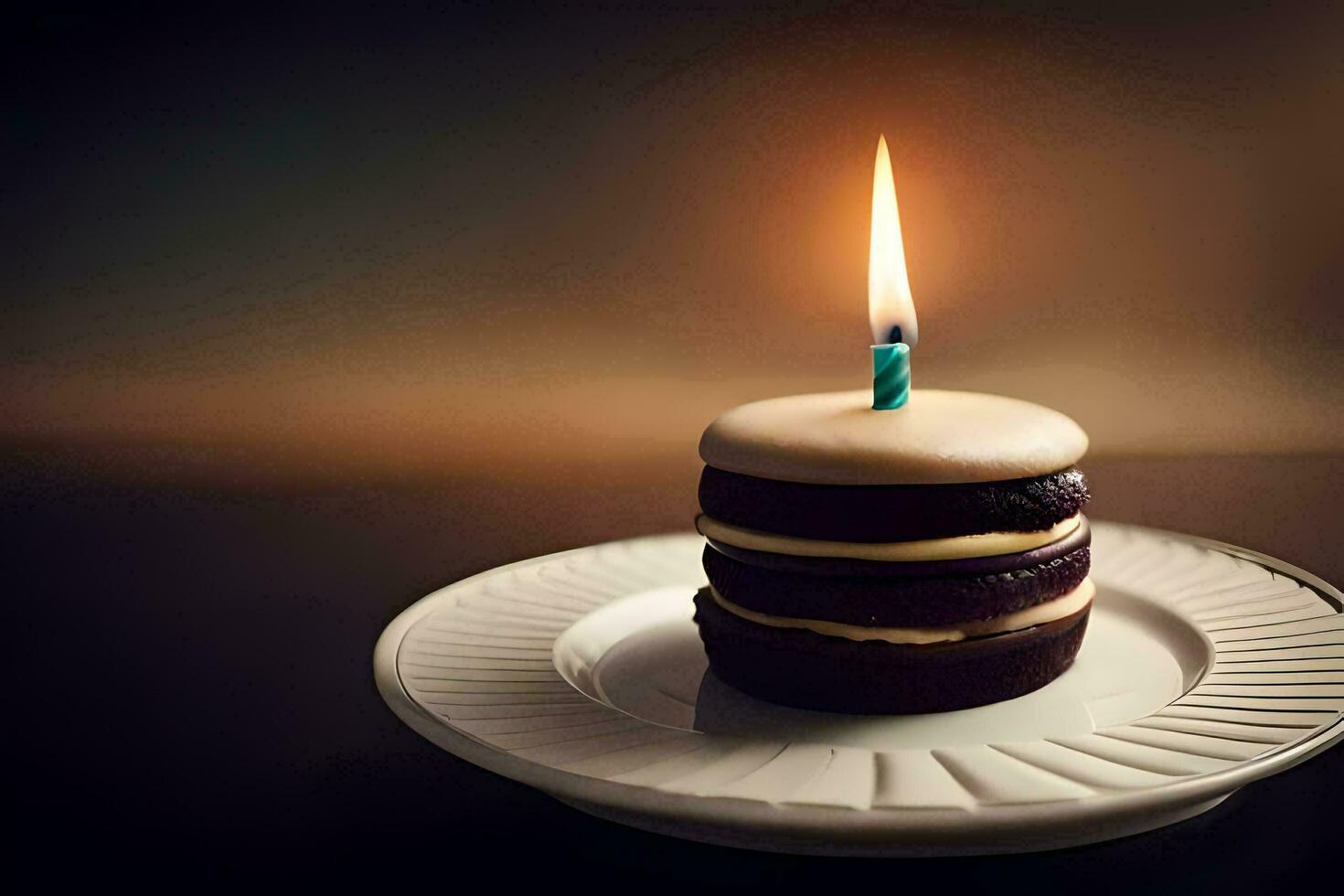 un' torta con un' singolo candela su superiore. ai-generato foto