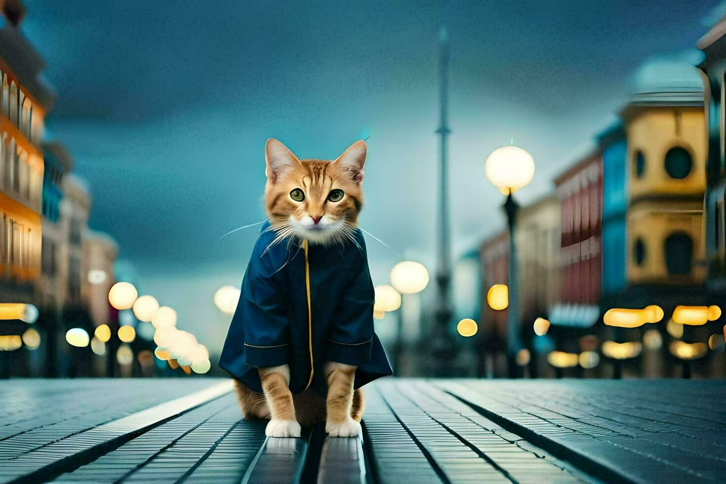 un' gatto nel un' cappotto in piedi su un' strada. ai-generato foto