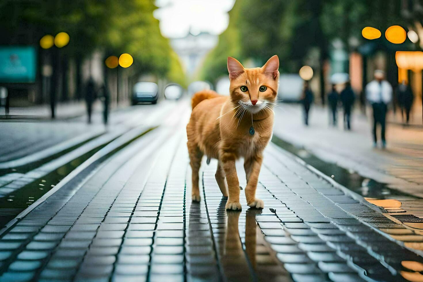 un arancia gatto a piedi su un' città strada. ai-generato foto