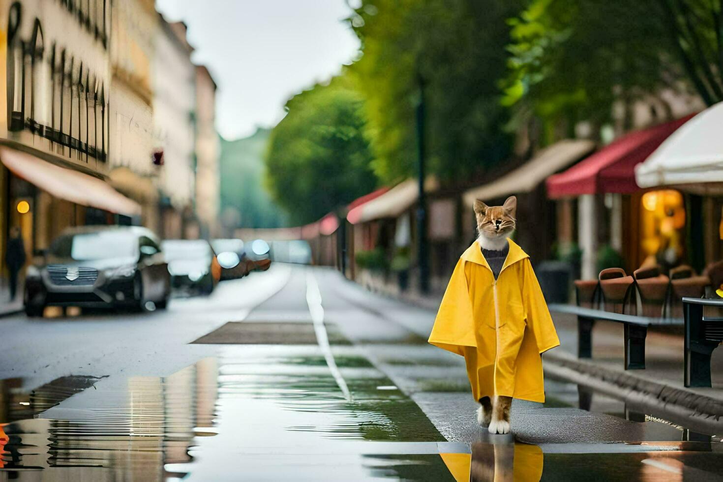 un' Volpe nel un' giallo impermeabile a piedi giù un' strada. ai-generato foto