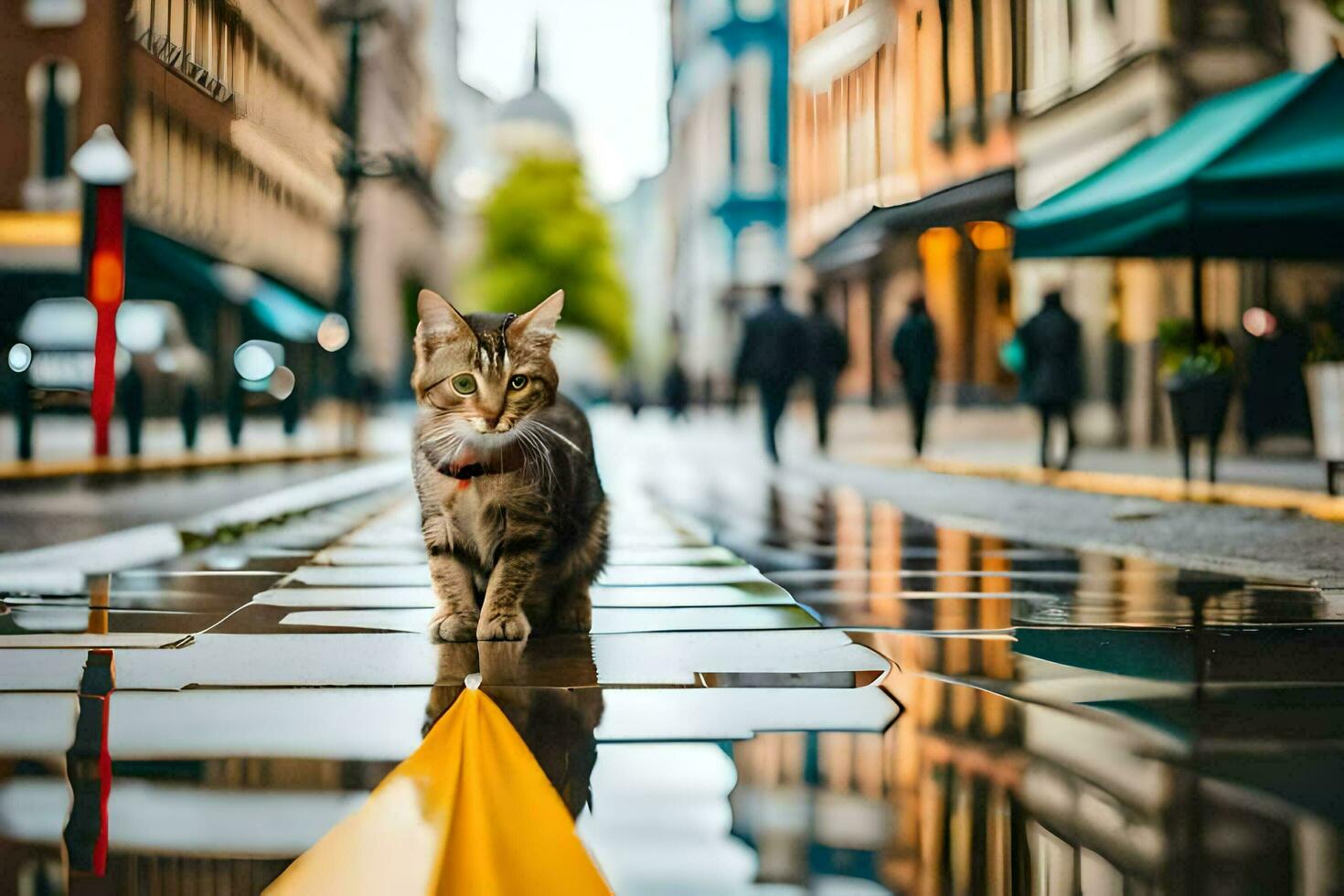 un' gatto a piedi su un' bagnato strada con un' giallo ombrello. ai-generato foto