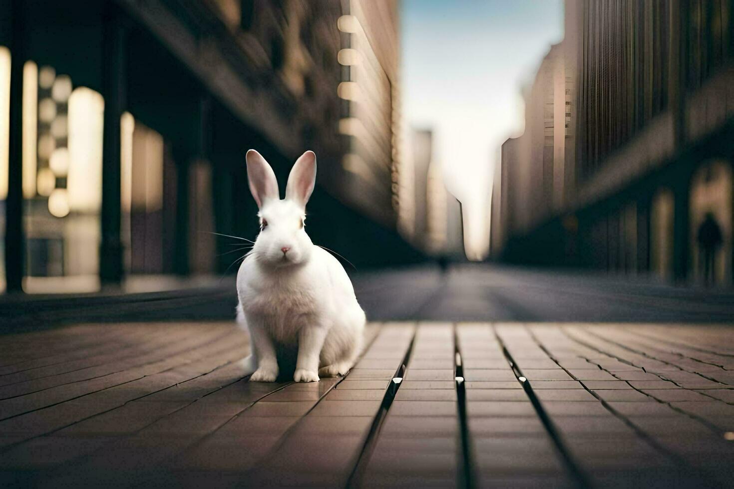 bianca coniglio su un' città strada. ai-generato foto