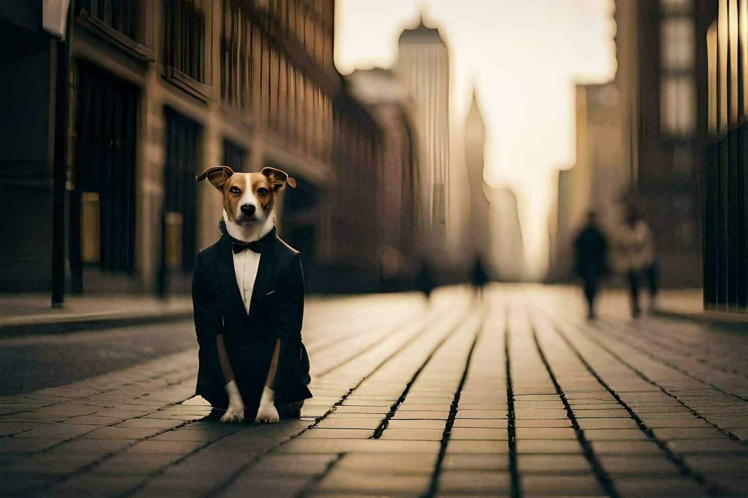 un' cane nel un' smoking in piedi su un' strada. ai-generato foto