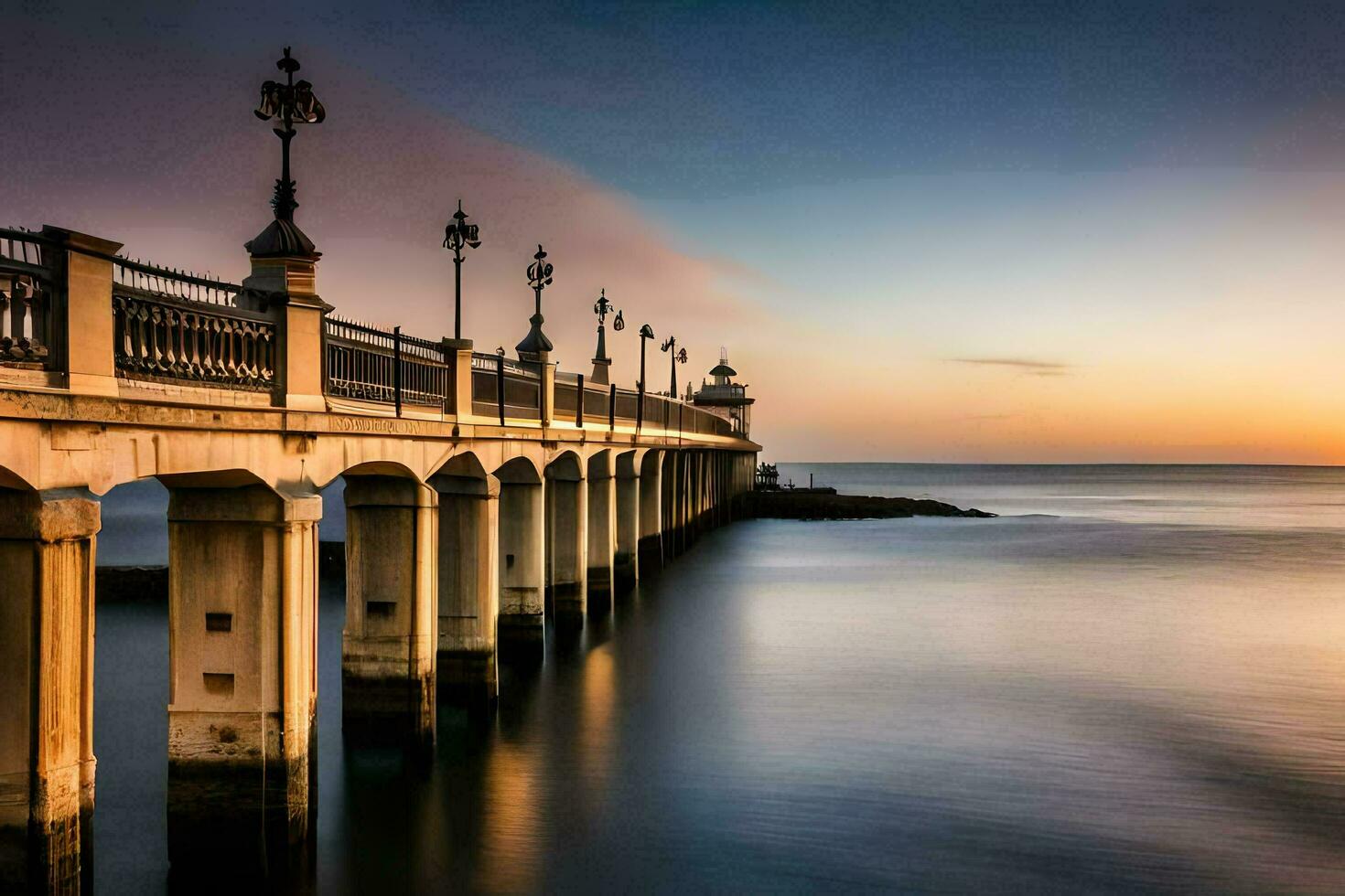 un' lungo esposizione fotografia di un' molo a tramonto. ai-generato foto