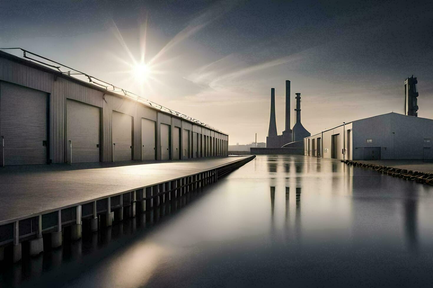 un' lungo bacino con un' fabbrica edificio nel il sfondo. ai-generato foto