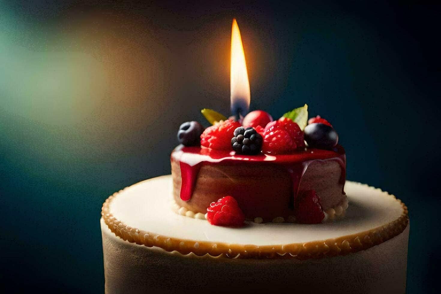 un' compleanno torta con un' singolo candela. ai-generato foto