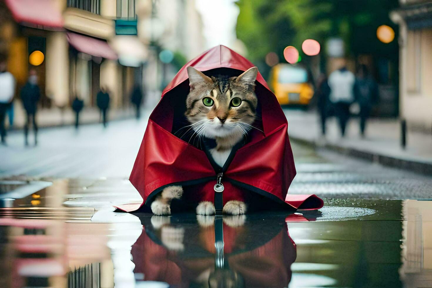 un' gatto nel un' rosso incappucciato impermeabile seduta su il terra. ai-generato foto