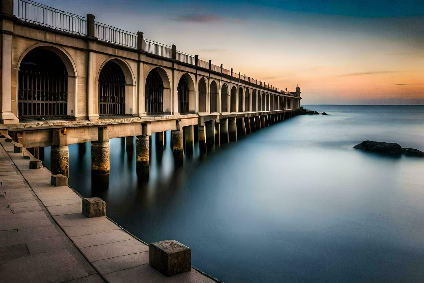 un' lungo esposizione foto di un' molo a tramonto. ai-generato