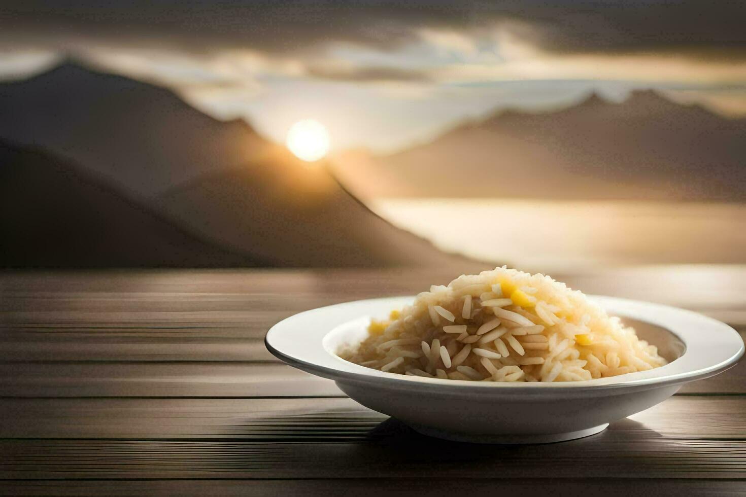 un' ciotola di riso su un' tavolo nel davanti di un' montagna. ai-generato foto