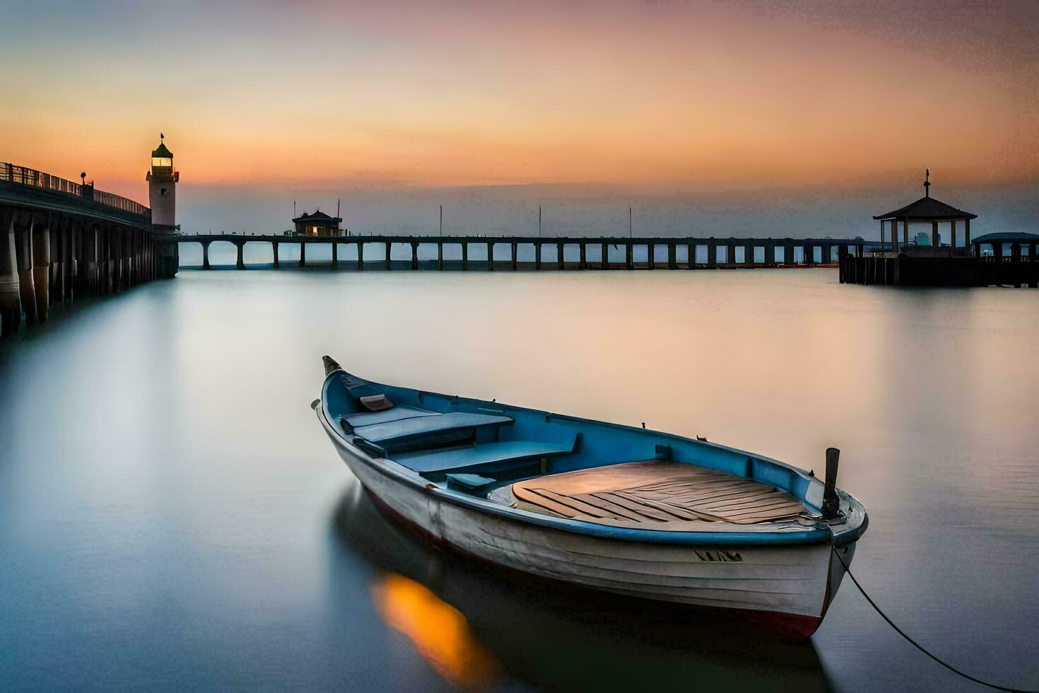 un' barca si siede nel il acqua a tramonto. ai-generato foto