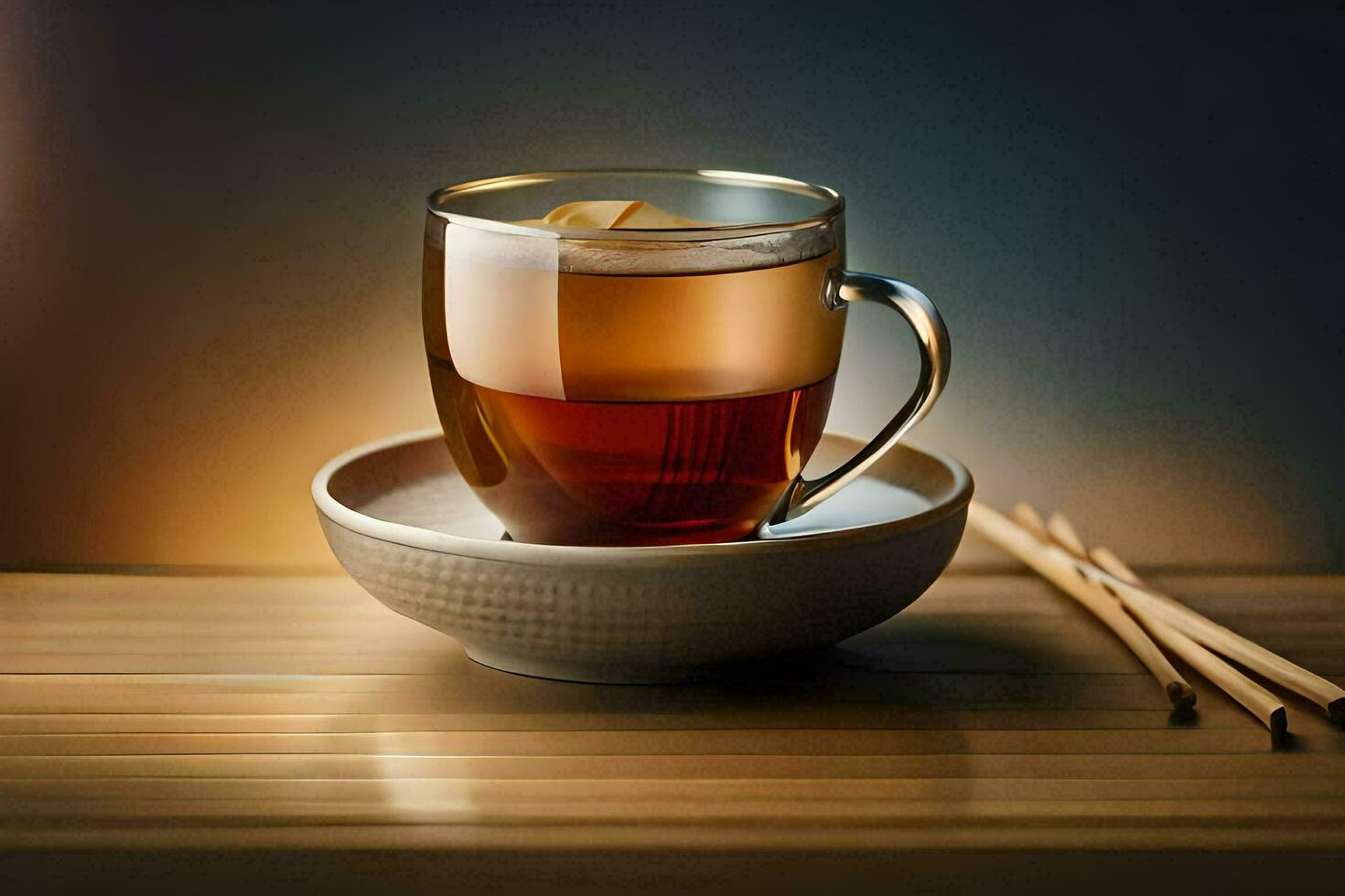 un' tazza di tè con bastoncini su un' di legno tavolo. ai-generato foto