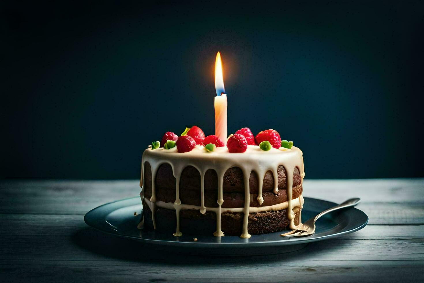 un' compleanno torta con un' singolo candela su superiore. ai-generato foto