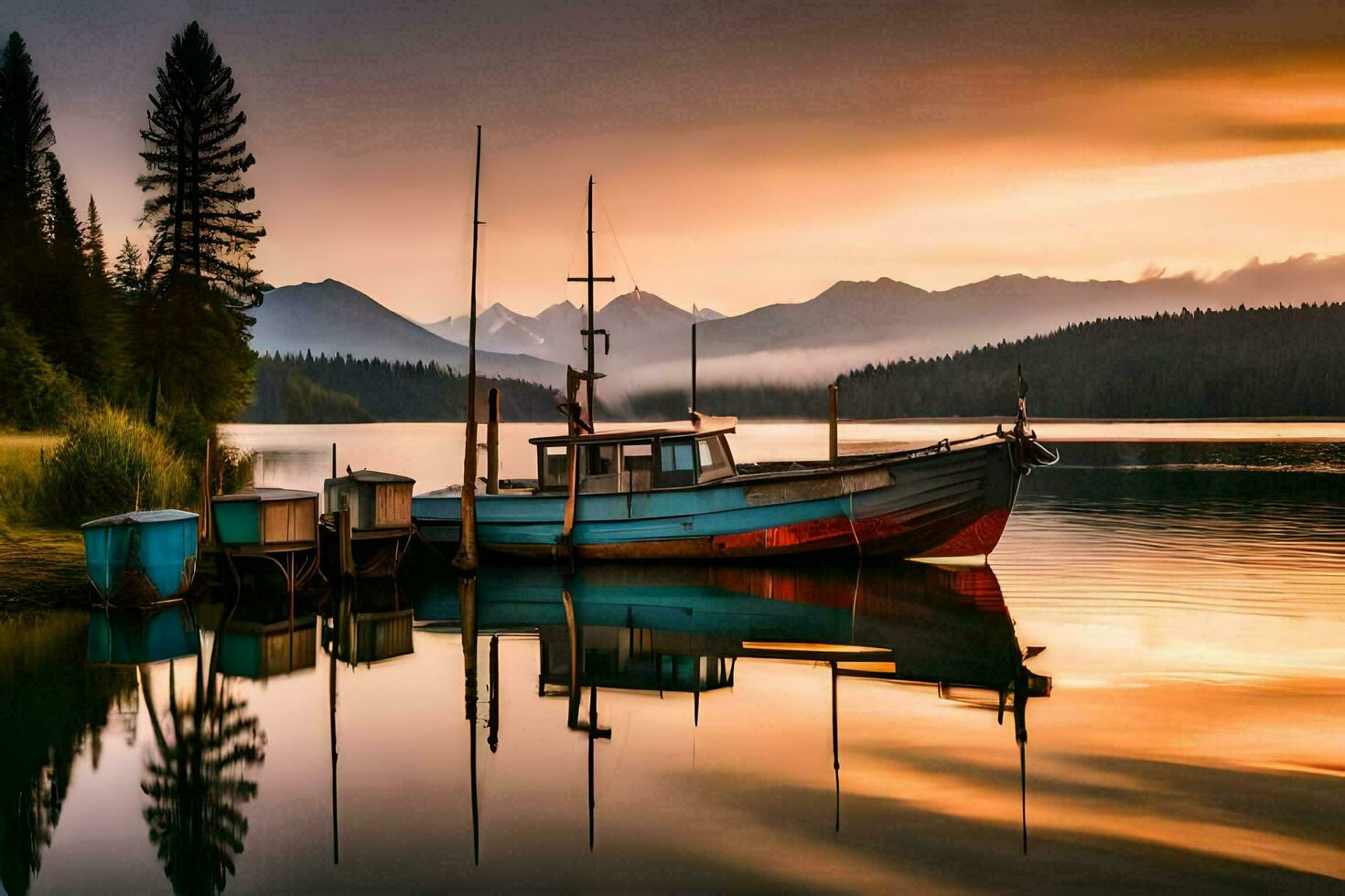 un' barca attraccato a il riva di un' lago. ai-generato foto