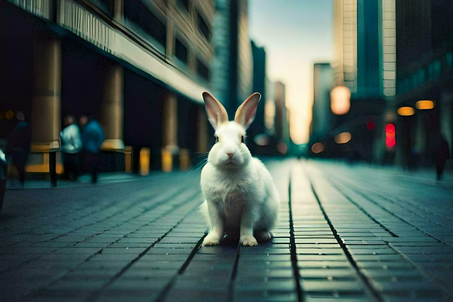 un' bianca coniglio è in piedi su un' strada nel un' città. ai-generato foto