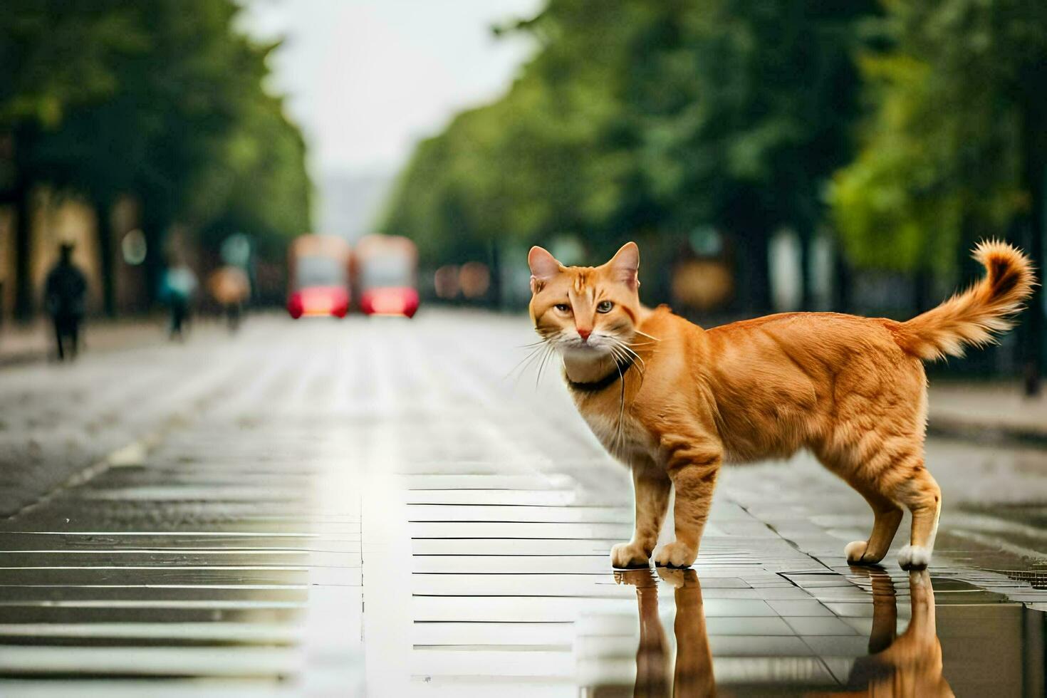 un arancia gatto in piedi su un' bagnato strada. ai-generato foto