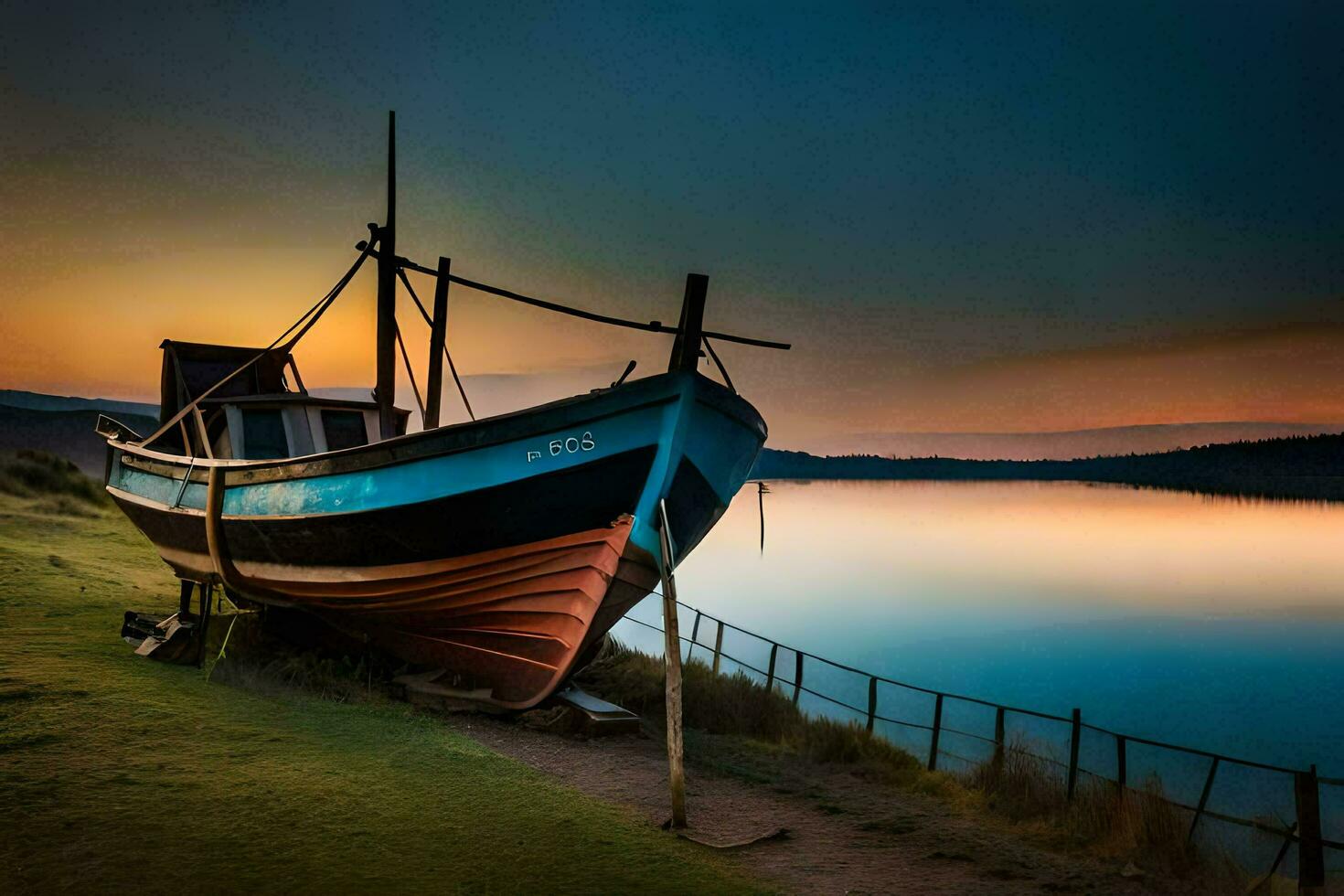 un' barca si siede su il riva a tramonto. ai-generato foto