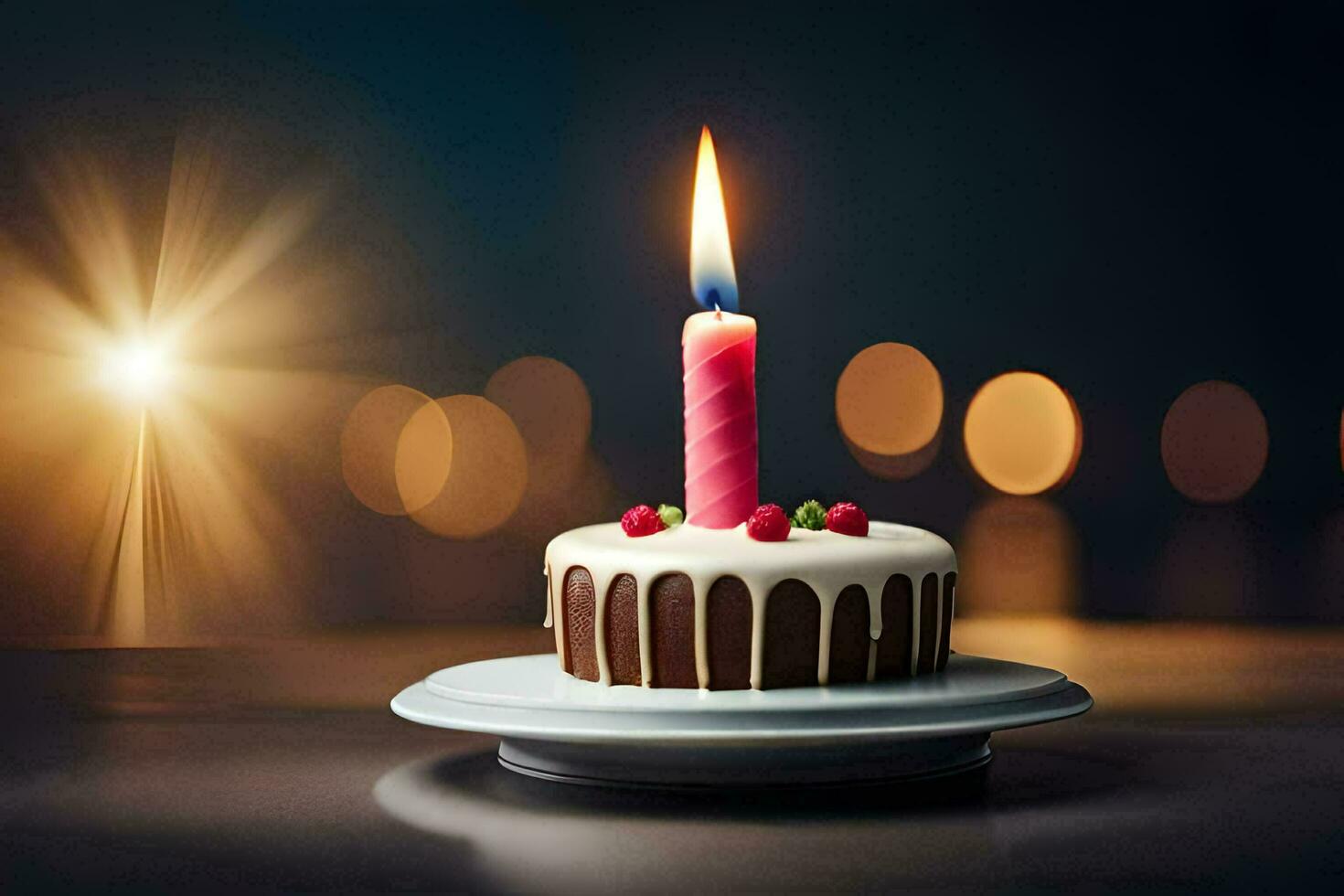 un' singolo candela su un' compleanno torta. ai-generato foto