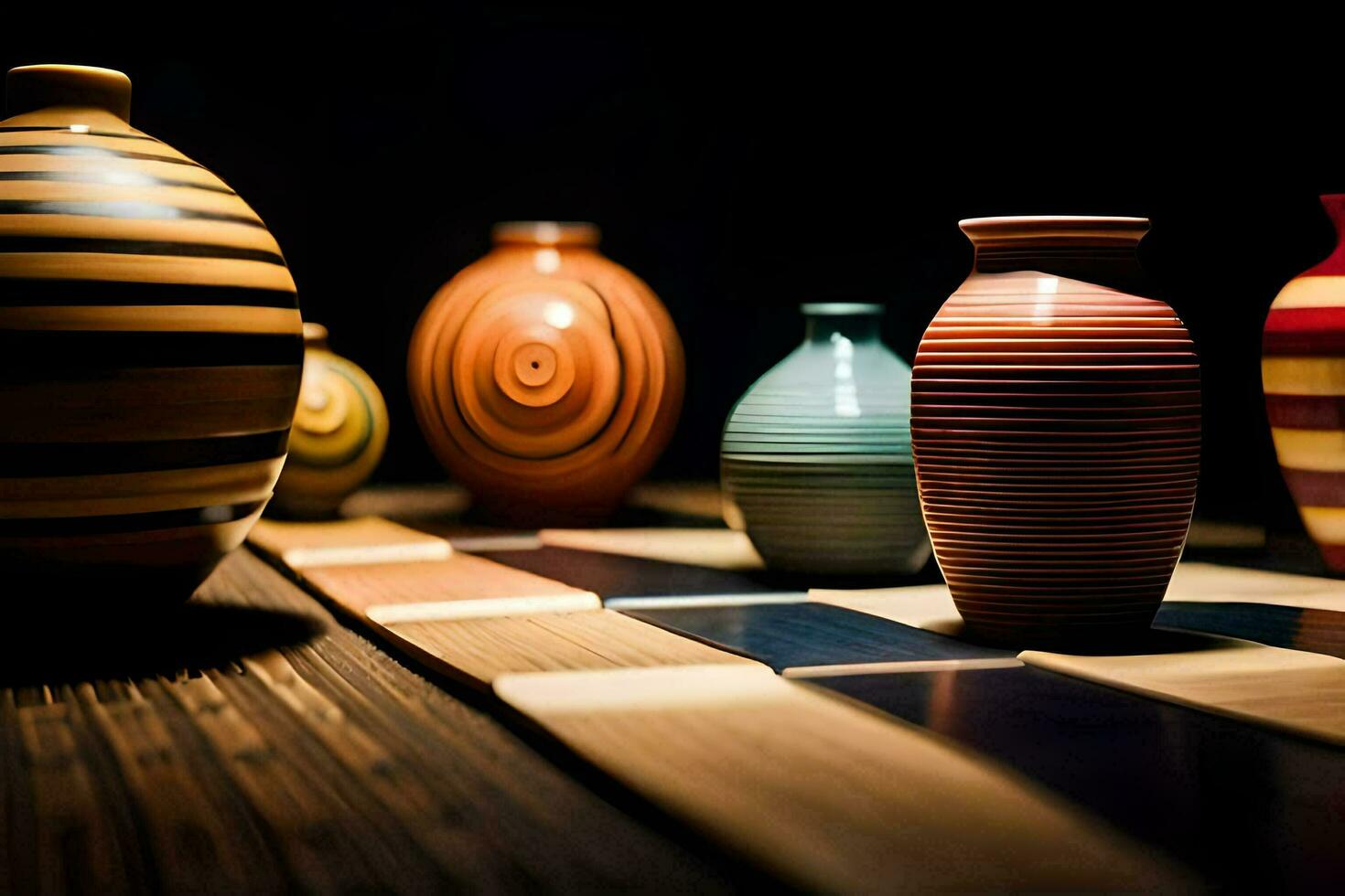 un' gruppo di colorato vasi seduta su un' tavolo. ai-generato foto