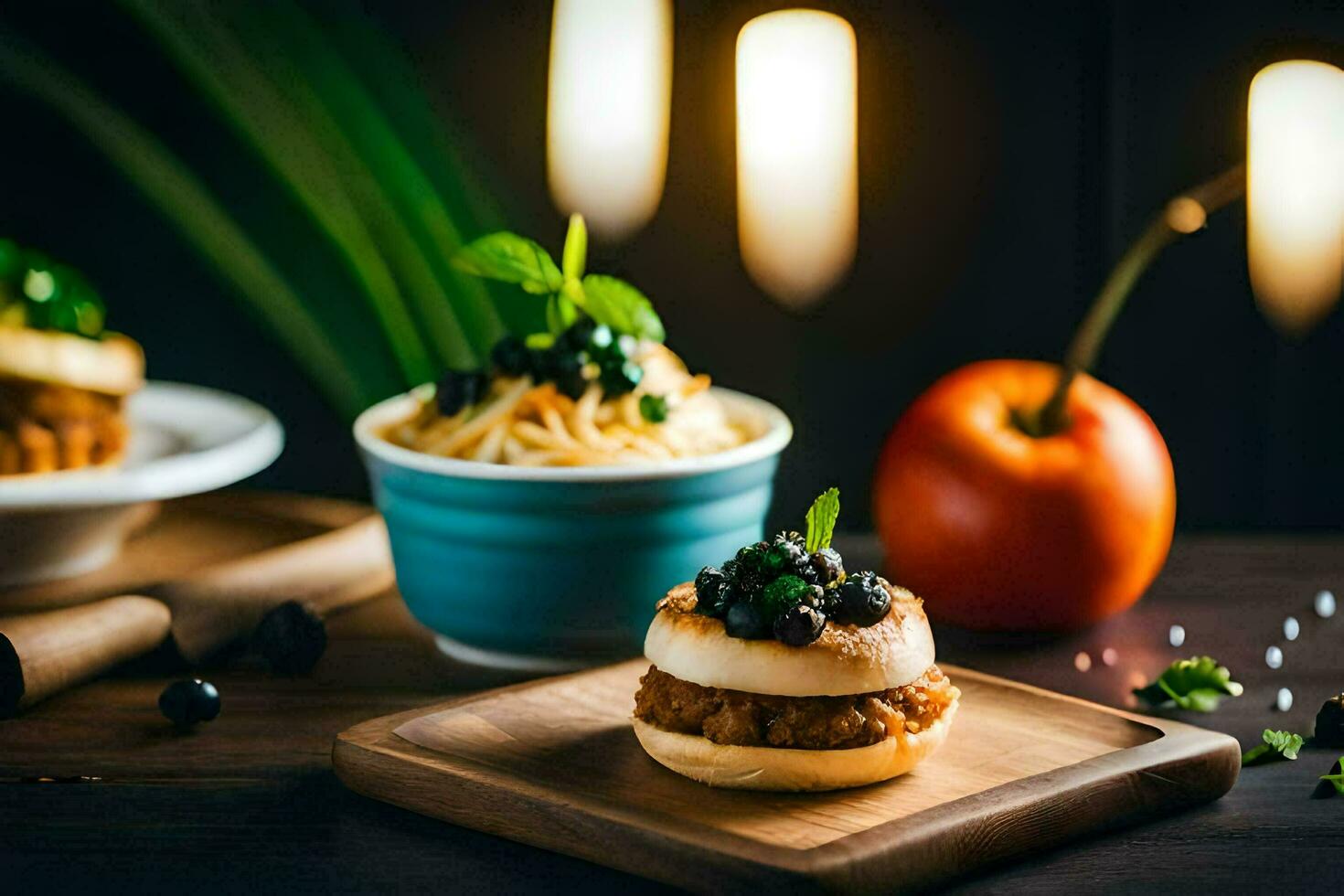 piccolo panini con pomodoro salsa e erbe aromatiche su un' di legno tavolo. ai-generato foto