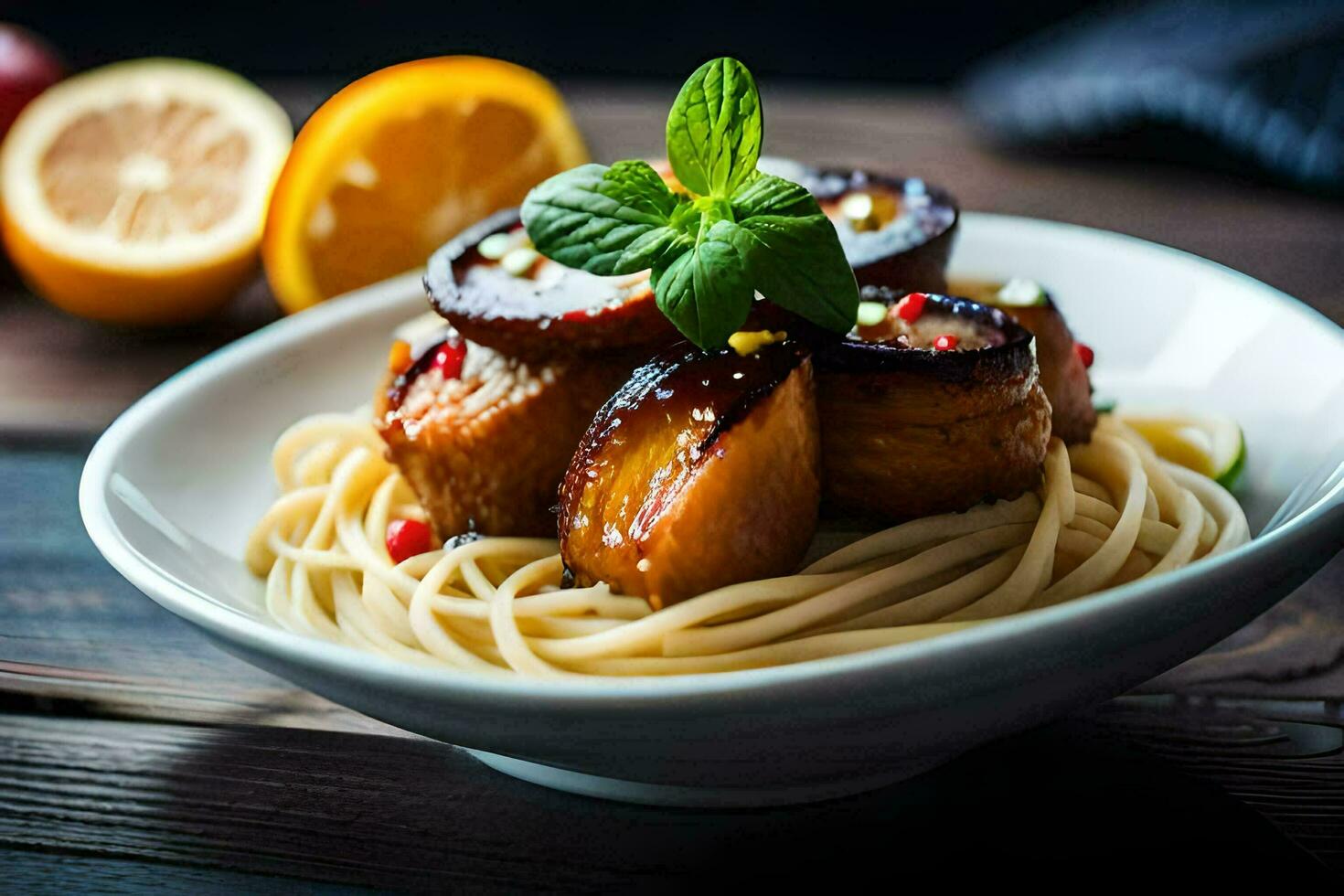 un' piatto di spaghetti con carne e verdure. ai-generato foto