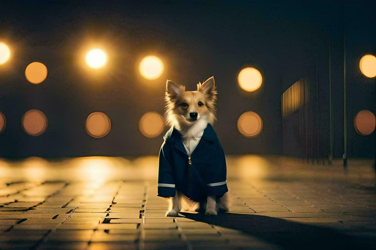 un' cane nel un' completo da uomo in piedi su un' strada a notte. ai-generato foto