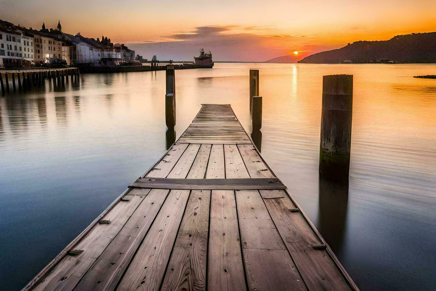 un' di legno molo nel il acqua a tramonto. ai-generato foto