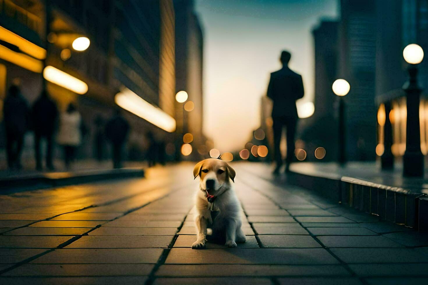 un' cane seduta su il marciapiede nel il mezzo di un' città. ai-generato foto