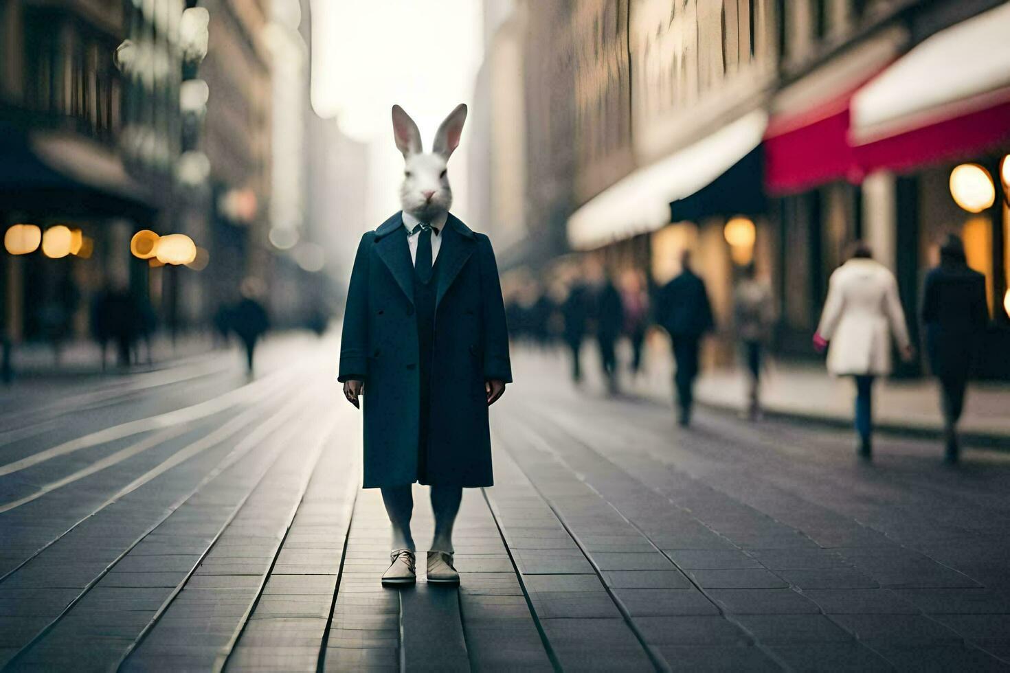 un' coniglio indossare un' completo da uomo e cravatta in piedi nel il mezzo di un' città strada. ai-generato foto