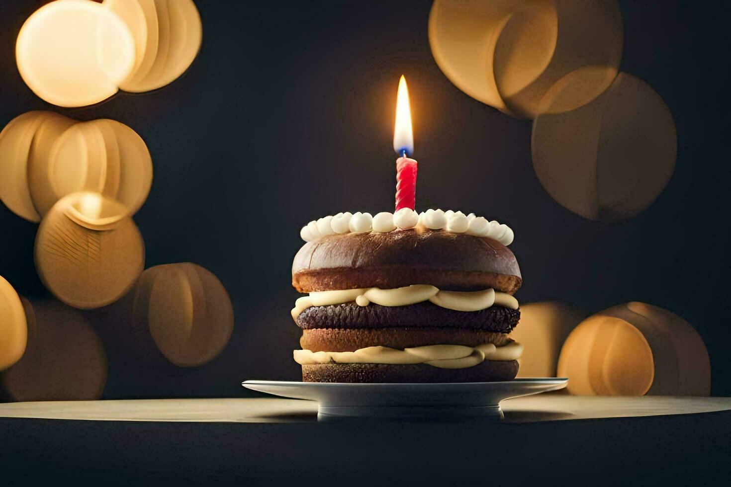 un' compleanno torta con un' illuminato candela. ai-generato foto