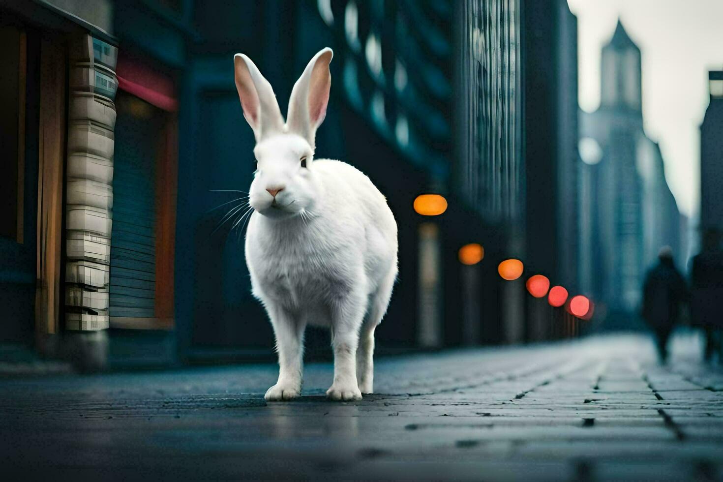 un' bianca coniglio è in piedi nel il mezzo di un' città strada. ai-generato foto
