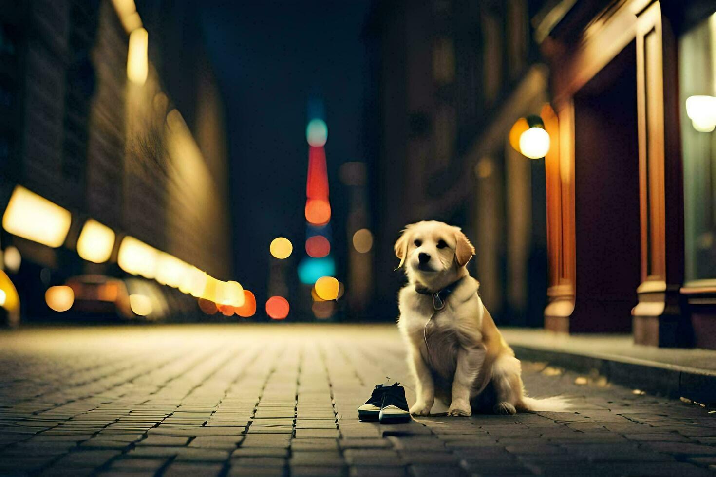 un' cane seduta su il terra nel un' città a notte. ai-generato foto