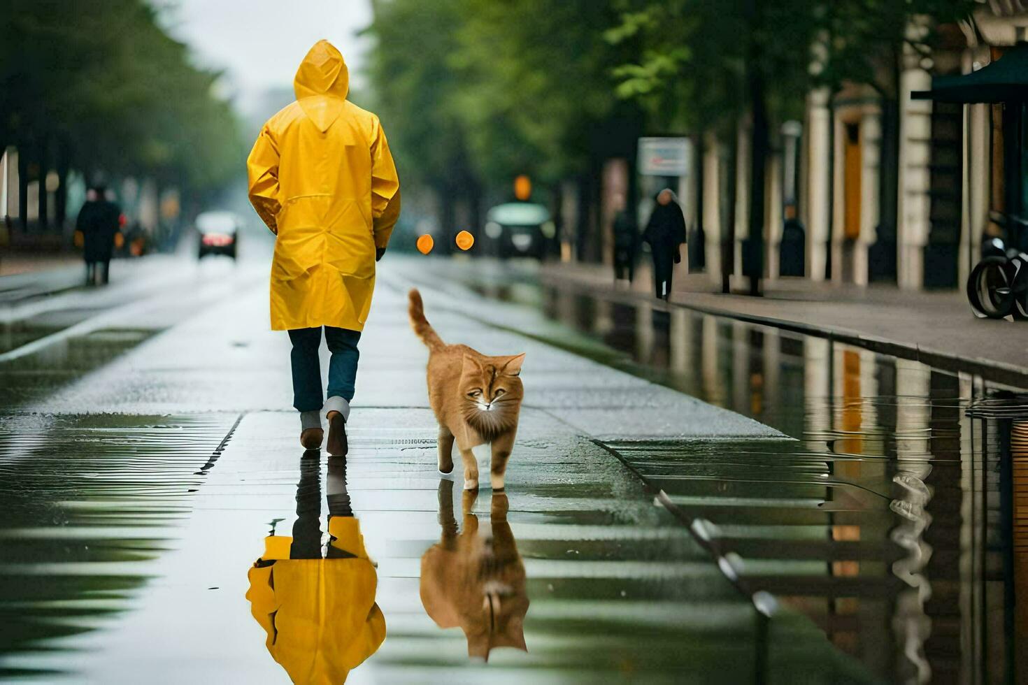 un' persona nel un' giallo impermeabile a piedi con un' gatto. ai-generato foto