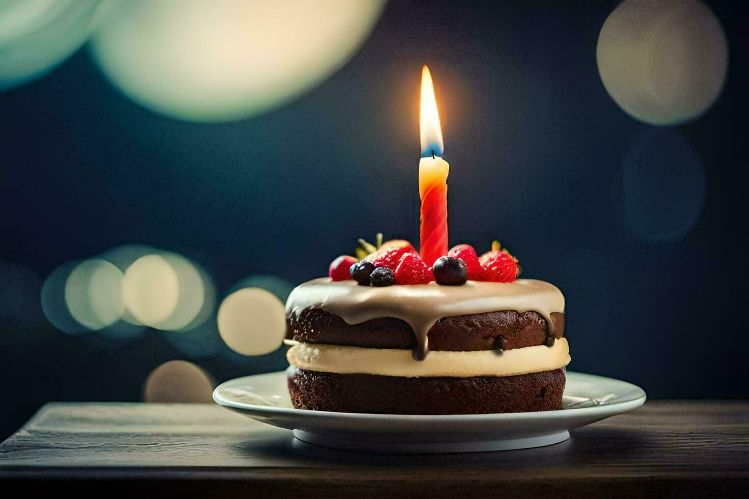 un' compleanno torta con un' singolo candela su superiore. ai-generato foto