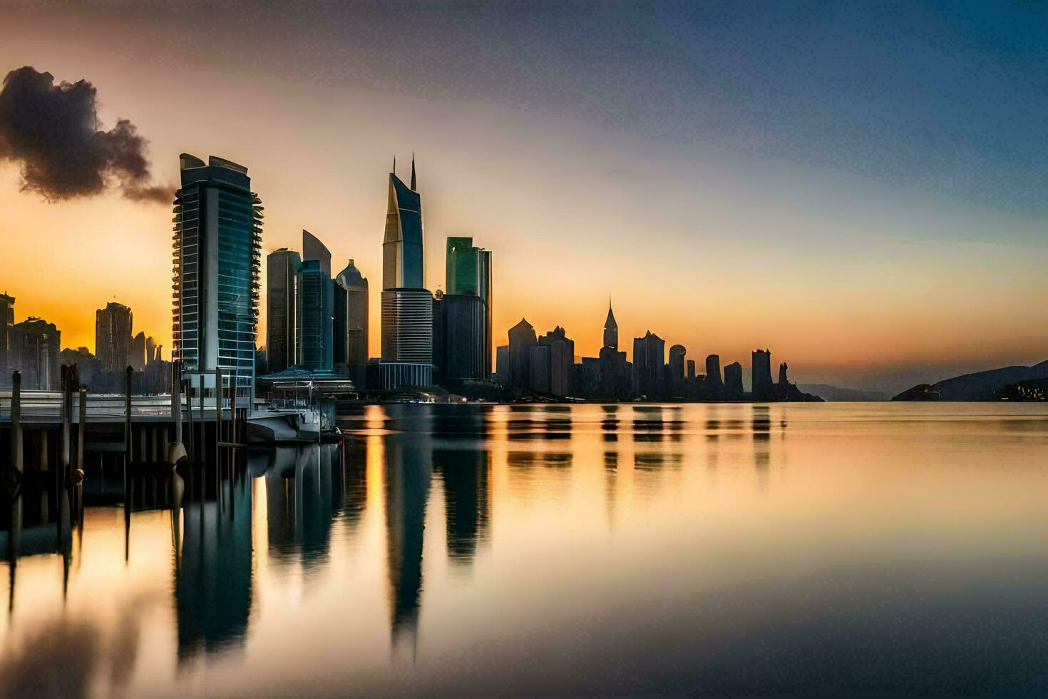 il città orizzonte è riflessa nel il acqua a tramonto. ai-generato foto