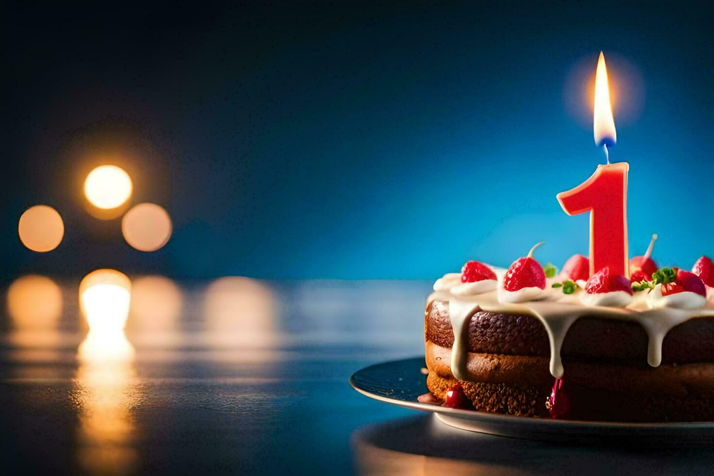 un' compleanno torta con un' illuminato candela su superiore. ai-generato foto