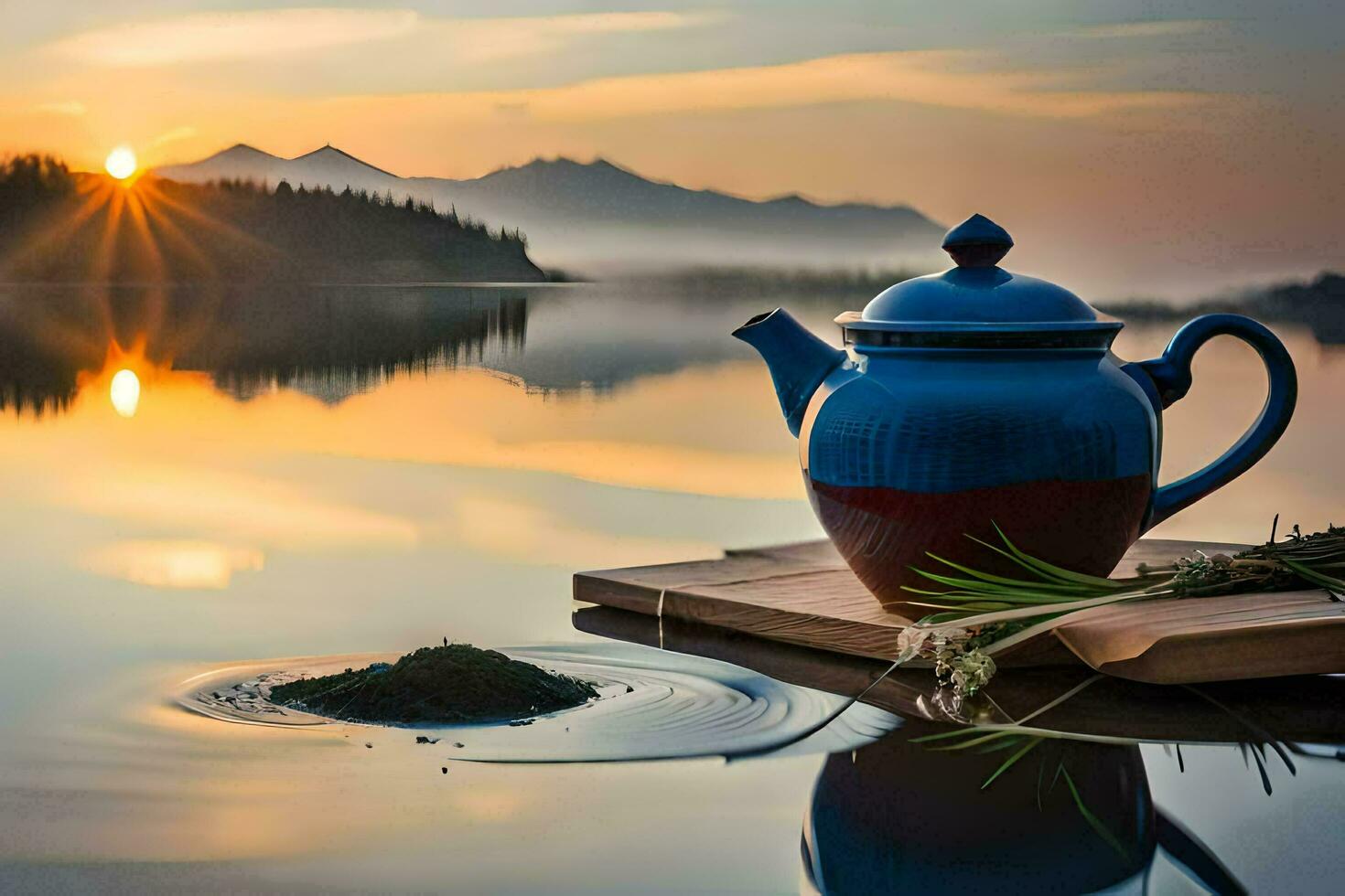 un' blu teiera su un' di legno tavola nel il mezzo di un' lago. ai-generato foto