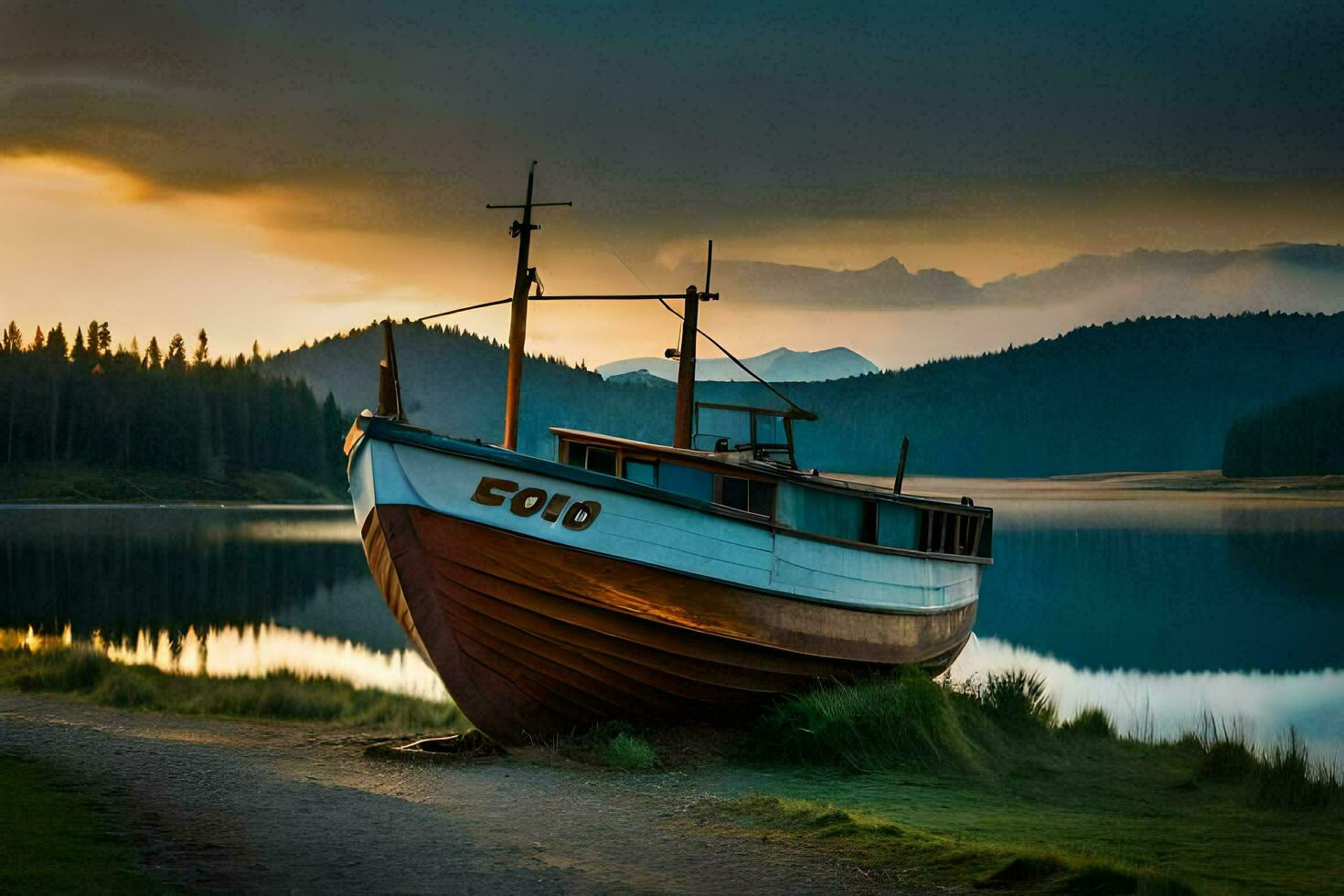 un' barca si siede su il riva di un' lago a tramonto. ai-generato foto