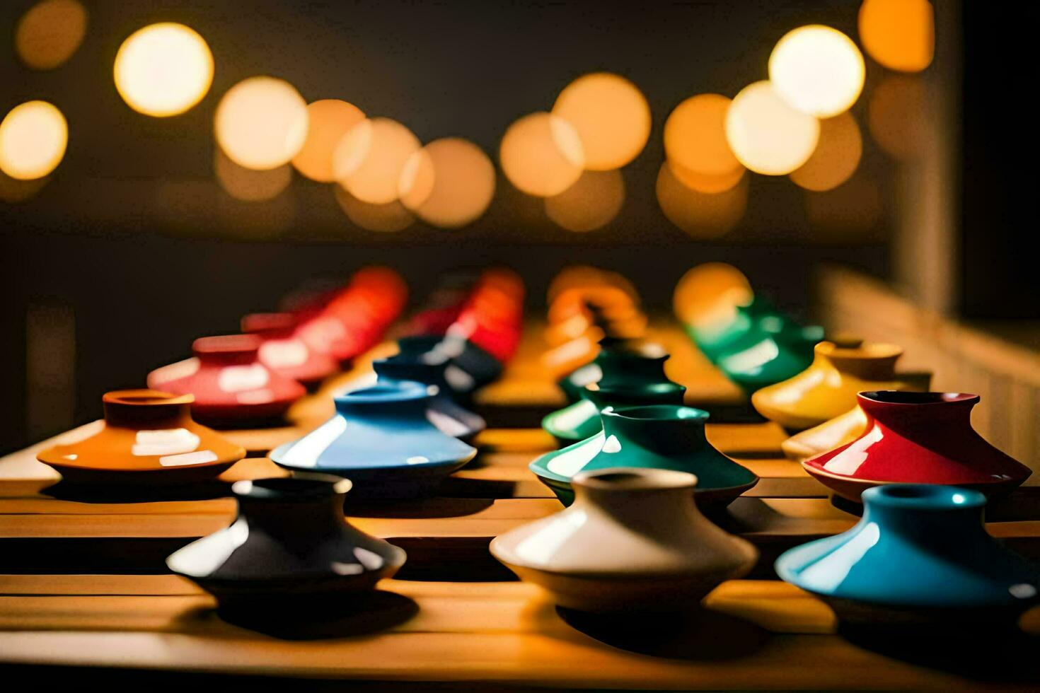 colorato vasi su un' di legno tavolo con luci nel il sfondo. ai-generato foto