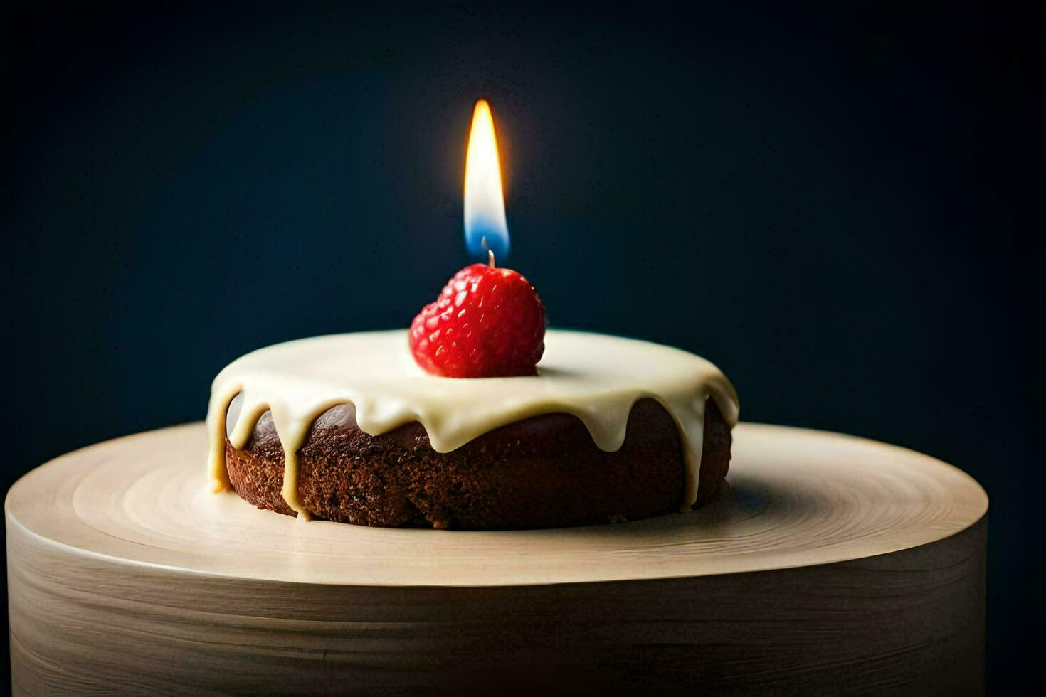 un' piccolo torta con un' singolo candela su superiore. ai-generato foto