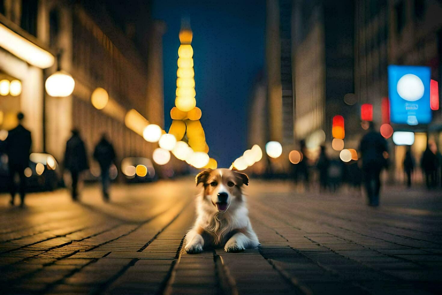 un' cane seduta su il terra nel davanti di il eiffel Torre. ai-generato foto