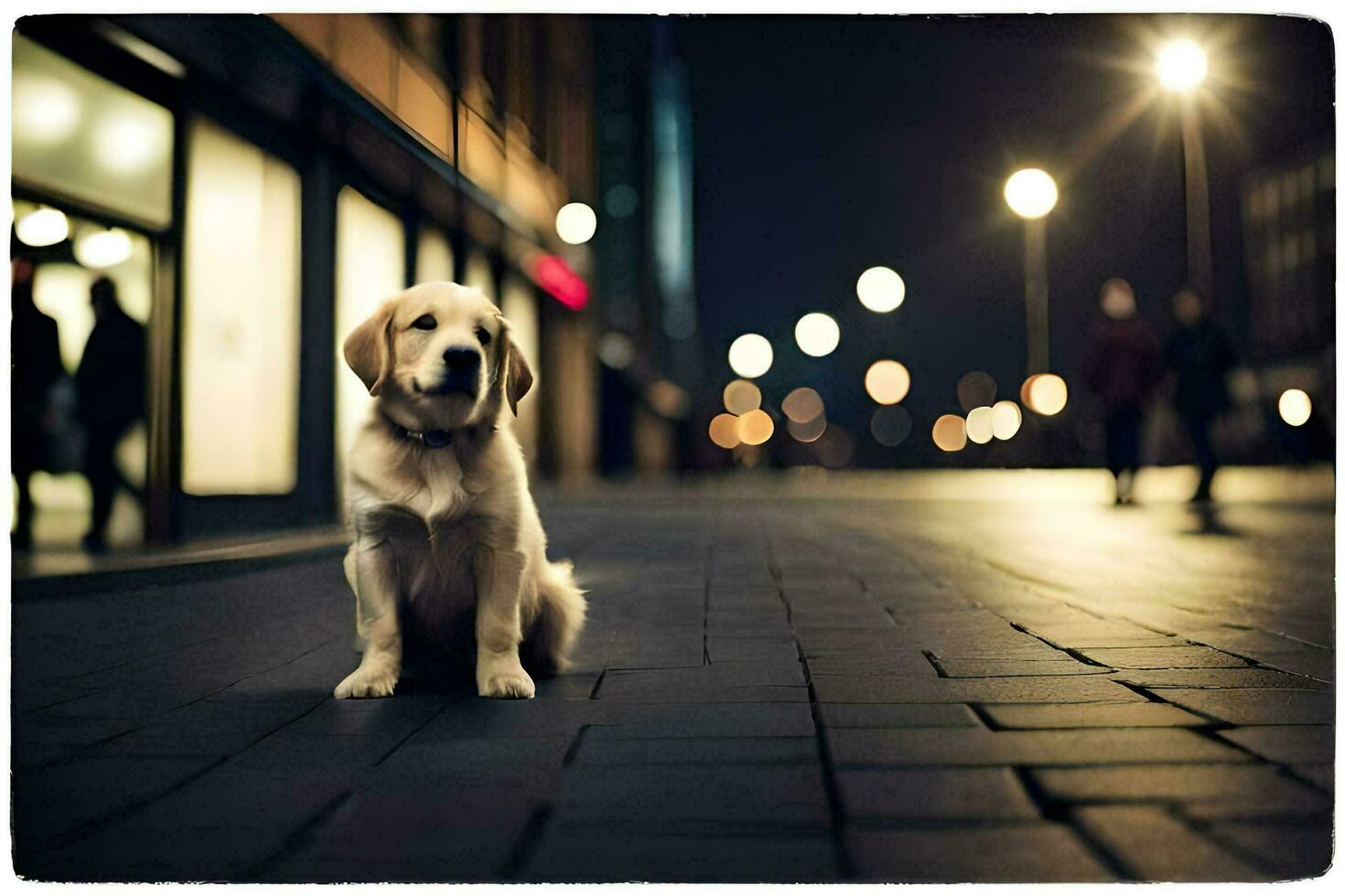 un' cane seduta su il marciapiede a notte. ai-generato foto